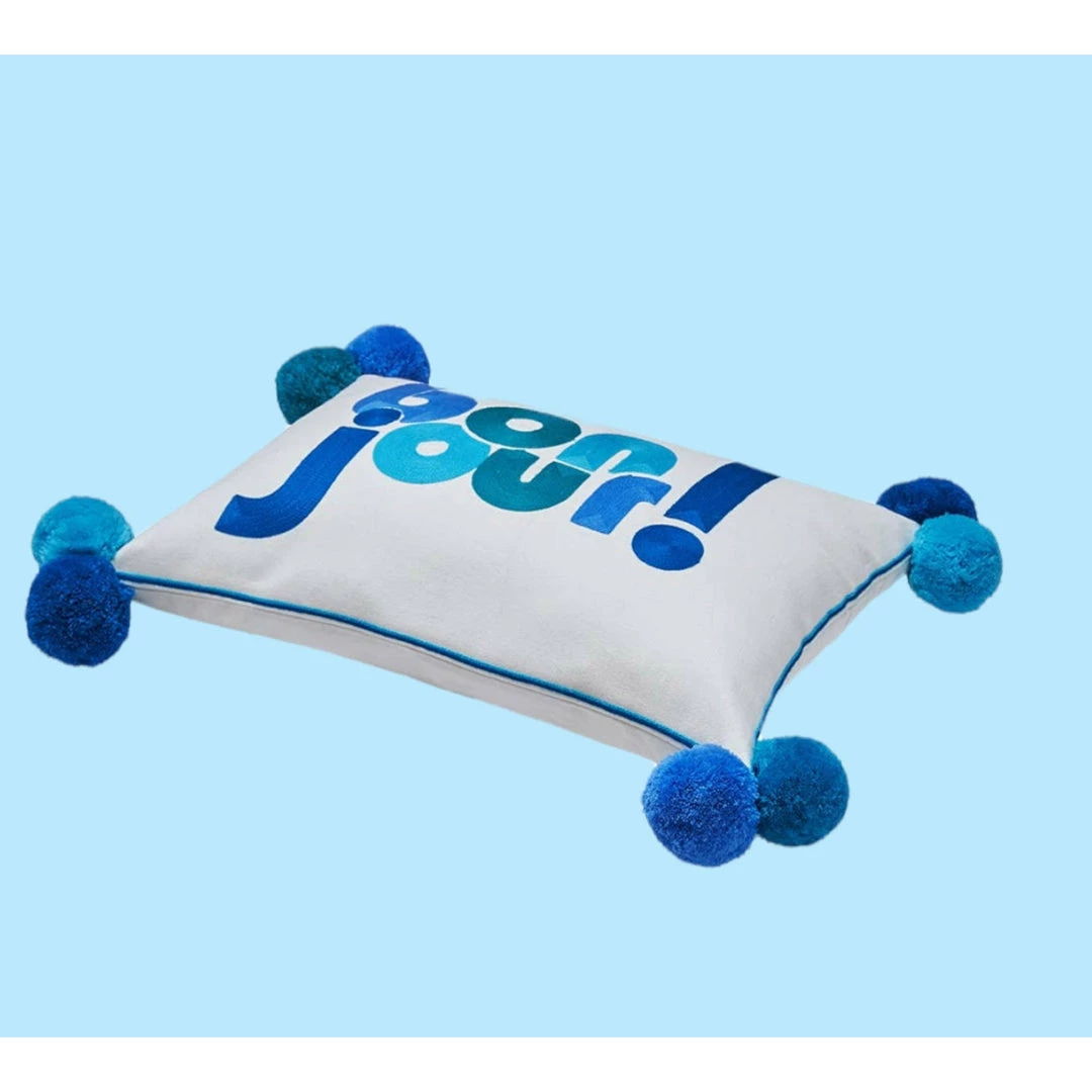 Bombay Duck Pillows + Throws Bonjour! Embroidered Pillow With Pom Poms 4 Bombay Duck Pillows + Throws Bonjour! Embroidered Pillow With Pom Poms