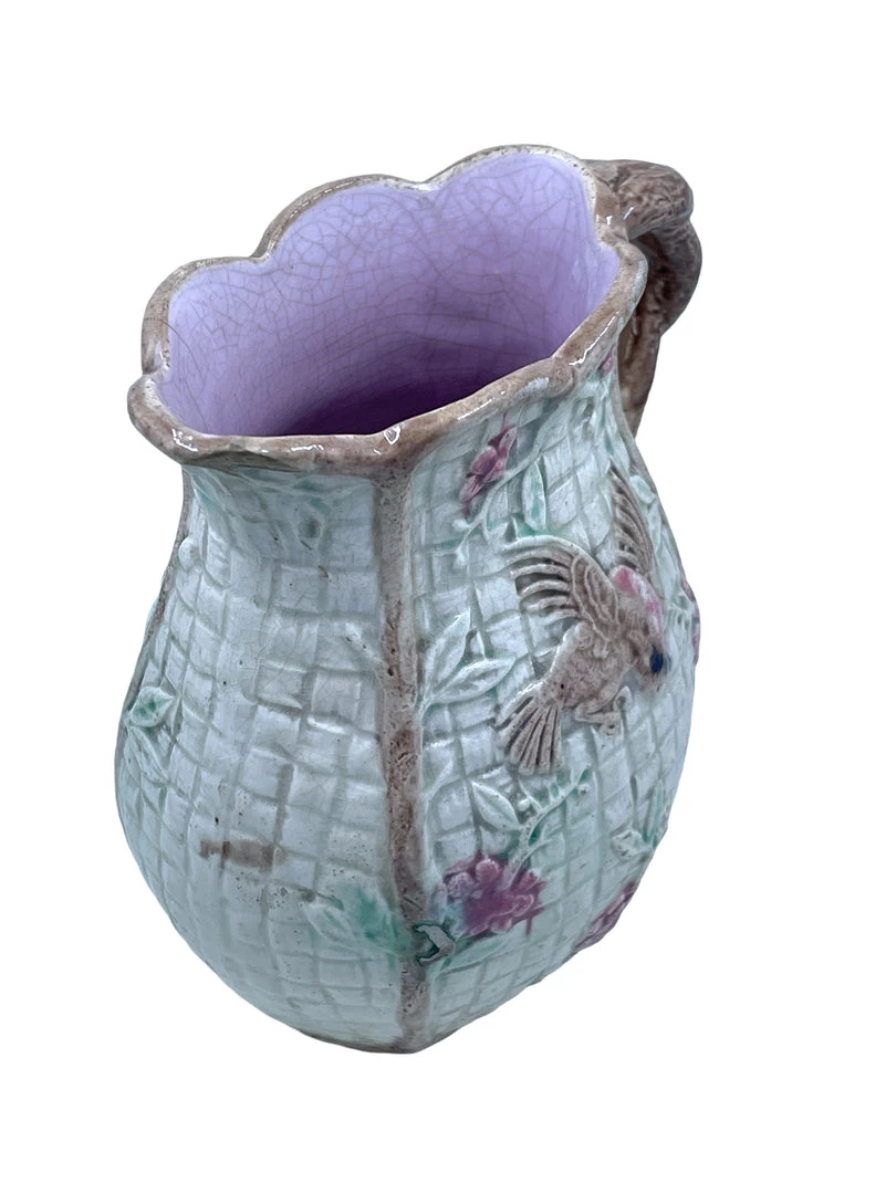Curated Home Decor Vintage + Antique Majolica Bird Basketweave Pitcher 3 Curated Home Decor Vintage + Antique Majolica Bird Basketweave Pitcher