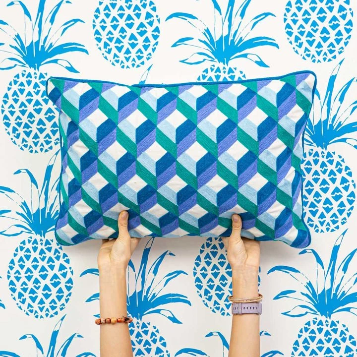 Bombay Duck Pillows + Throws Trellis Rectangular Embroidered Cushion Blues 5 Bombay Duck Pillows + Throws Trellis Rectangular Embroidered Cushion Blues